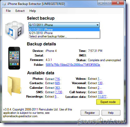 iPhone Backup Extractor Välj Backup