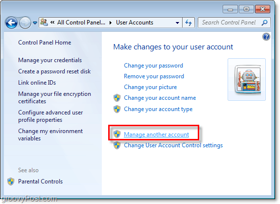 klicka på hantera ett annat konto från din Windows 7-användarkontosida