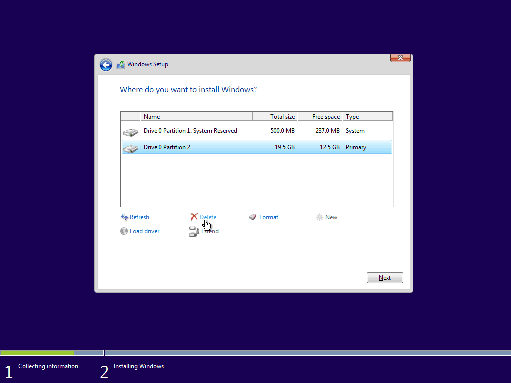 05 Radera befintlig primärpartition Windows 10 Clean Install