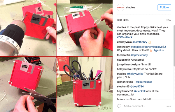 Det här fotokollaget på Instagram från Staples visar ett smart sätt att återanvända disketter till ett skrivbordstillbehör.