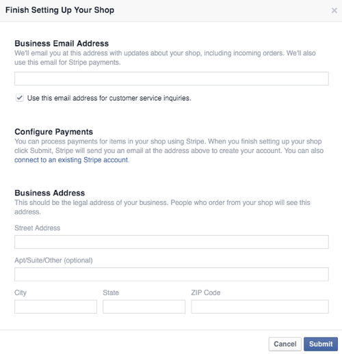 konfigurera Facebook-butiksaffärs- och betalningsinformation