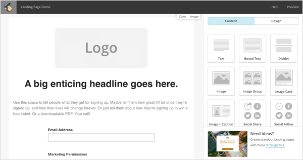 Mailchimp låter dig designa en fristående målsida som leder till ett innehållsbibliotek eller en enda opt-in.