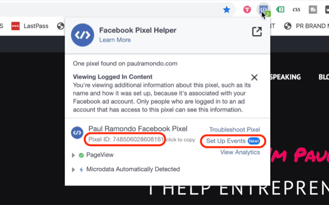 Ställ in alternativ för evenemang i Facebook pixel helper