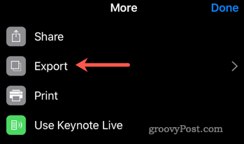 Börja exportprocessen från Keynote till PowerPoint på iOS