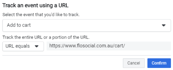 Använd Facebook Event Setup Tool, steg 5, inställningar för att spåra en händelse med hjälp av en URL
