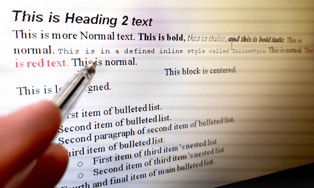 Exempel på textformatering i ett dokument som visas