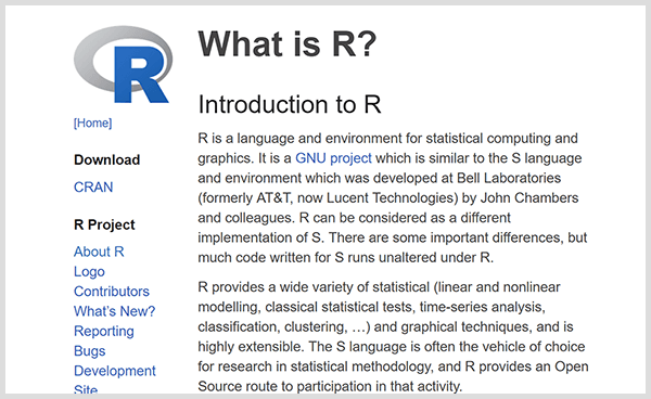 Bygg dina egna prediktiva analysverktyg med programmeringsspråket R. Skärmdump av R introduktionswebbplats. 