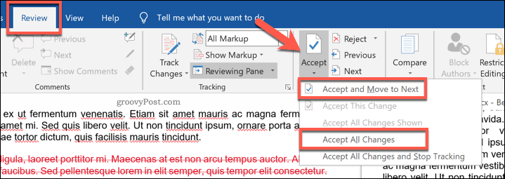 Accepterar ändringar i ett jämfört Word-dokument