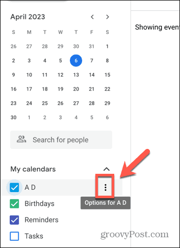 Skärmdump av Google Kalender-ikon med tre punkter