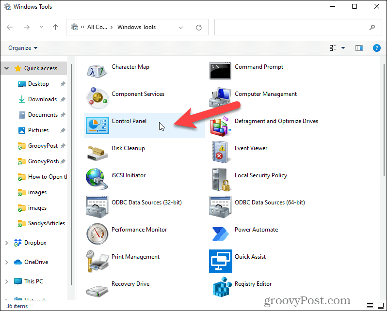 Öppna Kontrollpanelen i Windows Verktyg