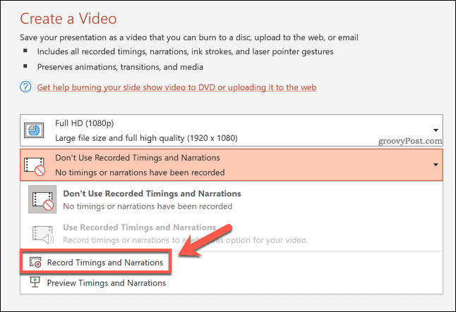 Inspelningstider för en exporterad video i PowerPoint