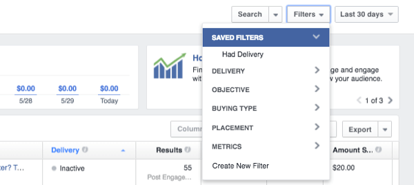 Facebook Ads Manager filterdata