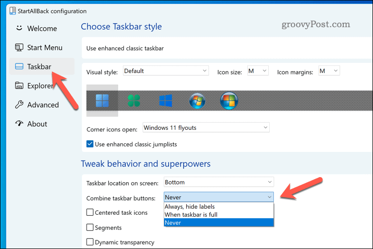 Dela upp objekt i aktivitetsfältet i Windows 11 med StartAllBack