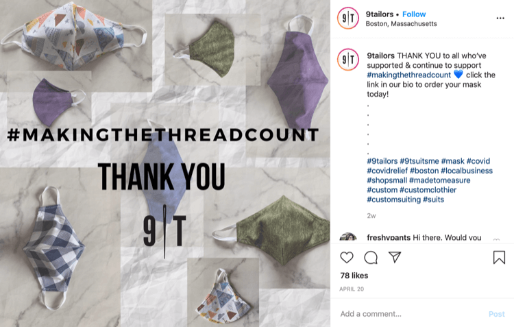 9Tailor Instagram-inlägg om försäljning av masker