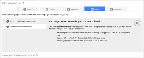 Varumärkesmedvetenhet och kampanjtyp i Google AdWords.