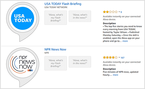 Alexa flash-informationslistor har en grå pratbubbla med en rund logotyp från producenten som USA TODAY eller NPR. Listorna innehåller också ett stjärnbetyg och en beskrivning.