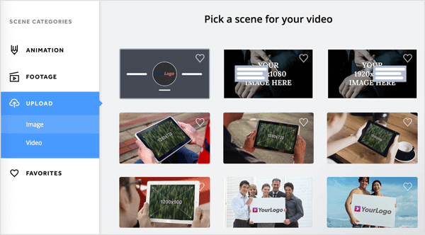 Välj en scen för din video på fliken Biteable Upload.