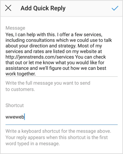 Skriv ett meddelande och genväg för att skapa ett snabbt Instagram-svar.