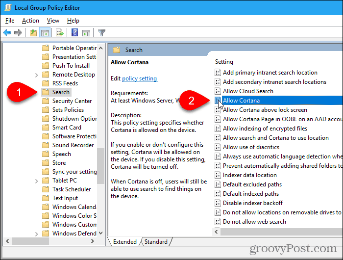 Dubbelklicka på AllowCortana-inställningen i Local Group Policy Editor