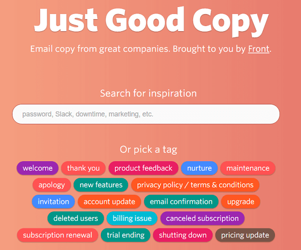 Just Good Copy ger dig exempel på e-postmeddelanden för att komma igång.