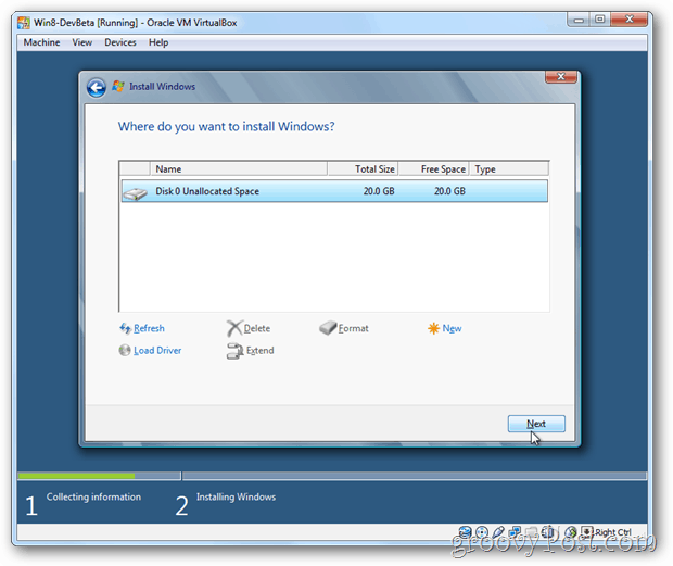 VirtualBox Windows 8 väljer disk för installation