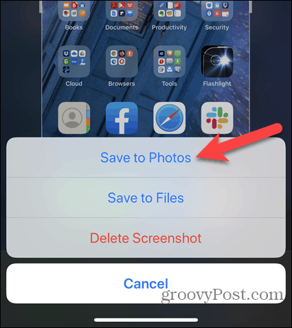 Klicka på Spara på foton när du redigerar en iPhone-skärmdump
