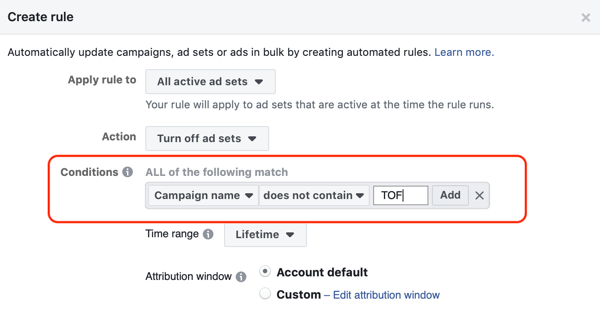 Använd Facebook-automatiska regler, stoppa annonsuppsättningen när ROAS faller under minimum, steg 2, ställ villkor