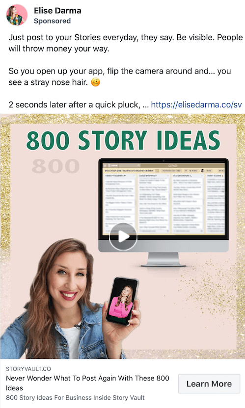 skärmdumpsexempel på ett sponsrat inlägg av elise darma som marknadsför 800 idéer för berättelser