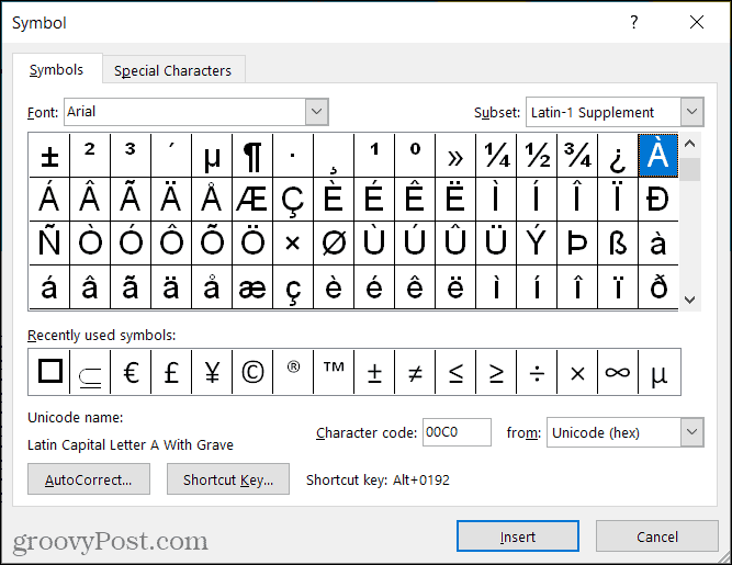 Symboler för accentmärken i Word