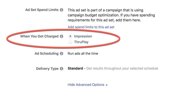 Facebook ThruPlay Optimization-avgifter.