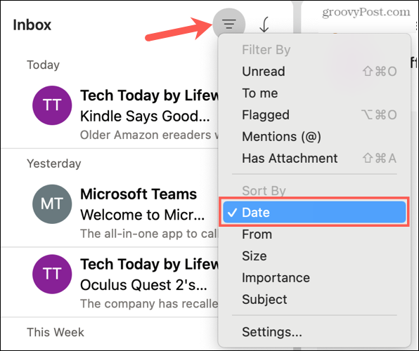 Sortera efter datum i Outlook på Mac