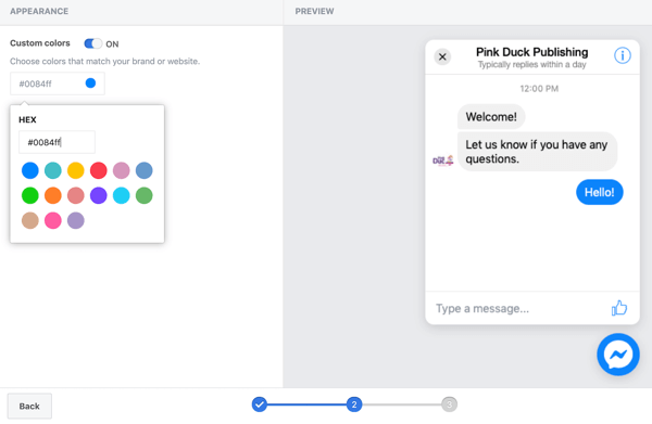 Använd Google Tag Manager med Facebook, steg 11, alternativ för att ställa in anpassade färger för ditt Facebook-chatt-plugin