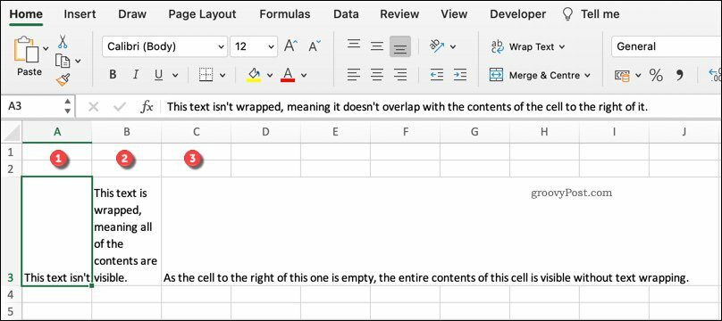 Ett exempel på olika textinpackningsformat i Excel