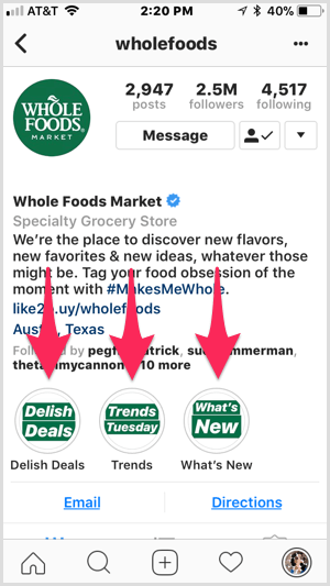 Instagram höjdpunkter på Whole Foods profil.