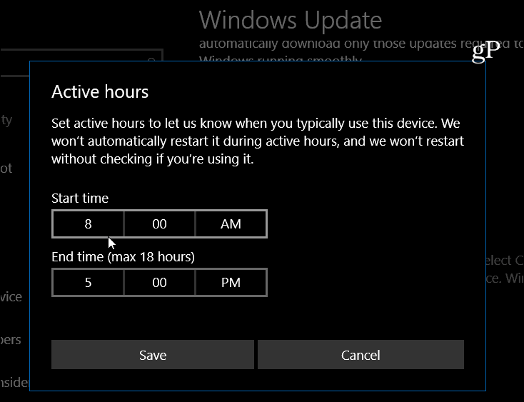 Windows 10 ställer in aktiva timmar