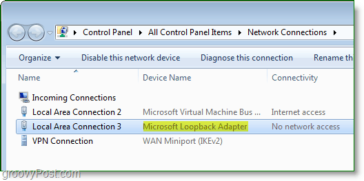 Windows 7 Nätverksskärmbild - Microsoft Loopback-adapter som syns i nätverksanslutningsfönstret
