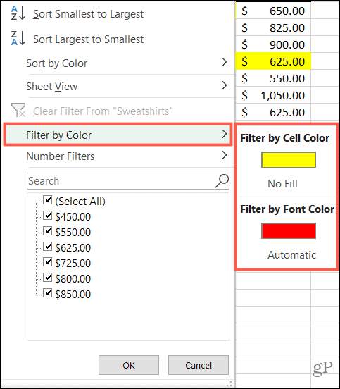 Filtrera efter färg i Excel