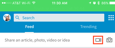 Klicka på videokameraikonen för att skapa en LinkedIn-videouppdatering.