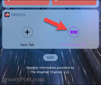 Klicka på Ny privat flik på Firefox-widgeten i iOS
