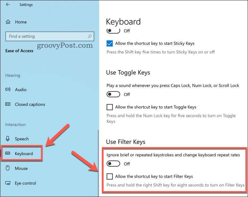 Konfigurera filternycklarinställningar på Windows 10