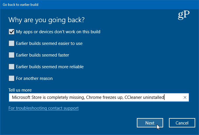 gå tillbaka till föregående version av Windows 10