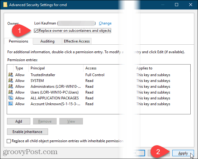 Klicka på Använd i dialogrutan Avancerade säkerhetsinställningar i Windows-registret
