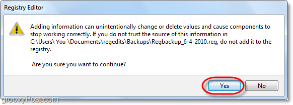 bekräfta registeråterställning av Windows 7 och Vista