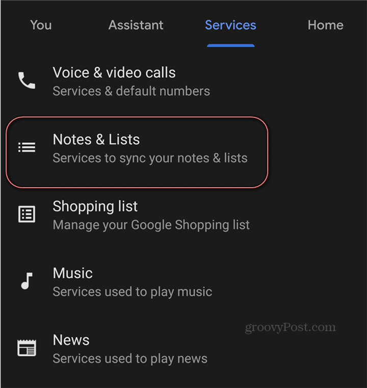 Google Assistant-listor över anteckningar om inställningar för Google Keep