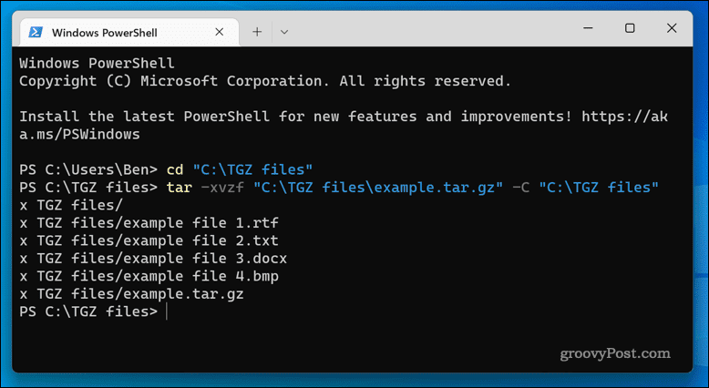 Extrahera TGZ-filer på Windows 11 med terminalappen