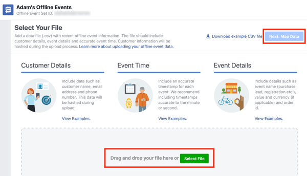 Alternativ för att dra och släppa din datafil till Facebook Ads Manager.