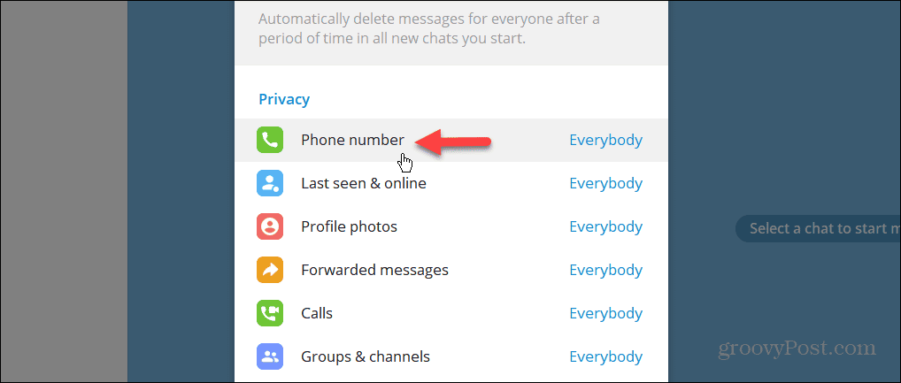 Sekretessinställning för telefonnummer i Telegrams skrivbordsapp
