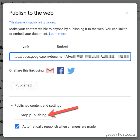 Sluta publicera ett dokument till Google Dokument