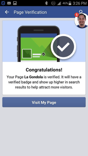 Du bör se ett meddelande om att din Facebook-sida har verifierats.