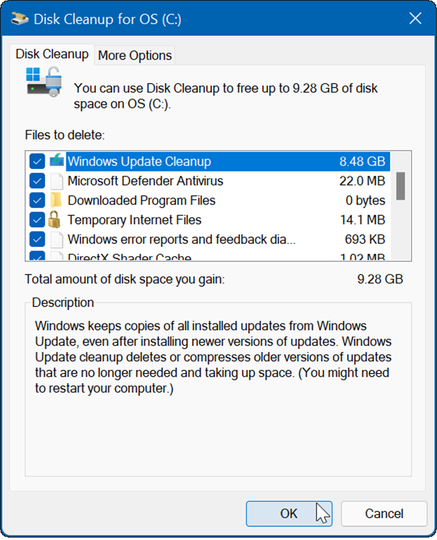 resultatet blir flera temporära filer inklusive Windows Update Cleanup